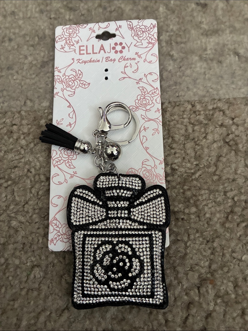 Ella Black & Silver Crystal Bow Keychain Charm with Tassel